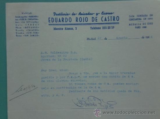 Gesch&auml;ftsbriefe: CARTA COMERCIAL. MADRID. 1964. EDUARDO ROJO DE CASTRO. DESTILERIA. PARA, SRES. A. R. VALDESPINO.