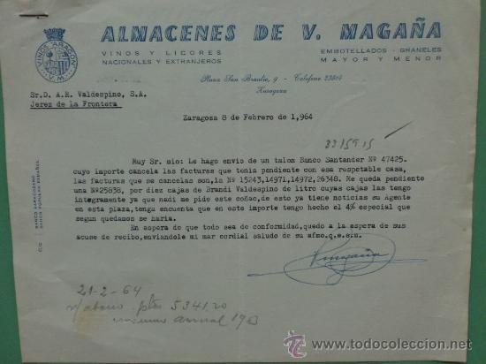 Gesch&auml;ftsbriefe: CARTA COMERCIAL. ZARAGOZA. 1964. ALMACENES DE V. MAGA&Ntilde;A. PARA, SRES. A.R. VALDESPINO.