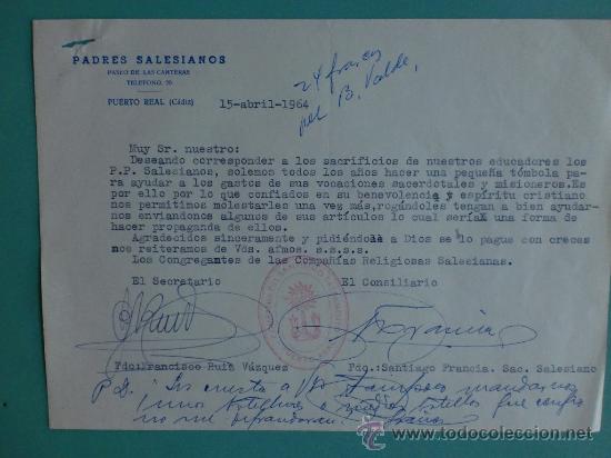 Gesch&auml;ftsbriefe: CARTA COMERCIAL. PUERTO REAL. CADIZ. 1964. PADRES SALESIANOS. PARA, SRES. A.R. VALDESPINO.