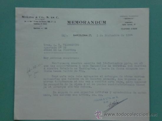 Gesch&auml;ftsbriefe: CARTA COMERCIAL. BARCELONA. 1964. MOLINA & CO. S. EN C.. PARA, SRES. A.R. VALDESPINO.