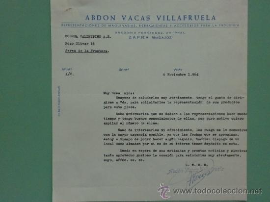 Gesch&auml;ftsbriefe: CARTA COMERCIAL. ZAFRA.BADAJOZ. 1964. ABDON VACAS VILLAFRUELA. BODEGAS VALDESPINO A. R.