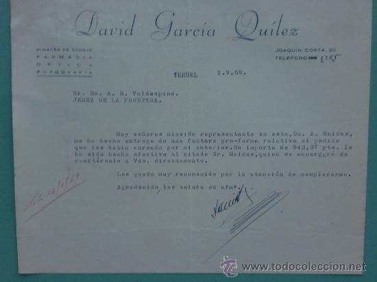 Gesch&auml;ftsbriefe: CARTA COMERCIAL. TERUEL.1959. DAVID GARCIA QUILEZ. ALMACEN DE DROGAS. SR. A. R. VALDESPINO.