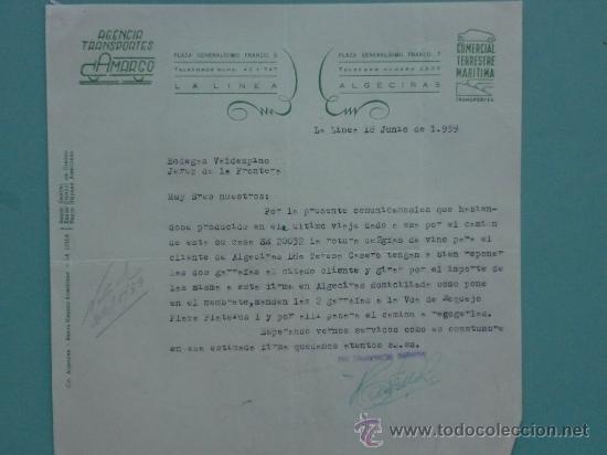Gesch&auml;ftsbriefe: CARTA COMERCIAL. LA LINEA. CADIZ. 1959. AGENCIA TRANSPORTES AMARGO. BODEGAS VALDESPINO.