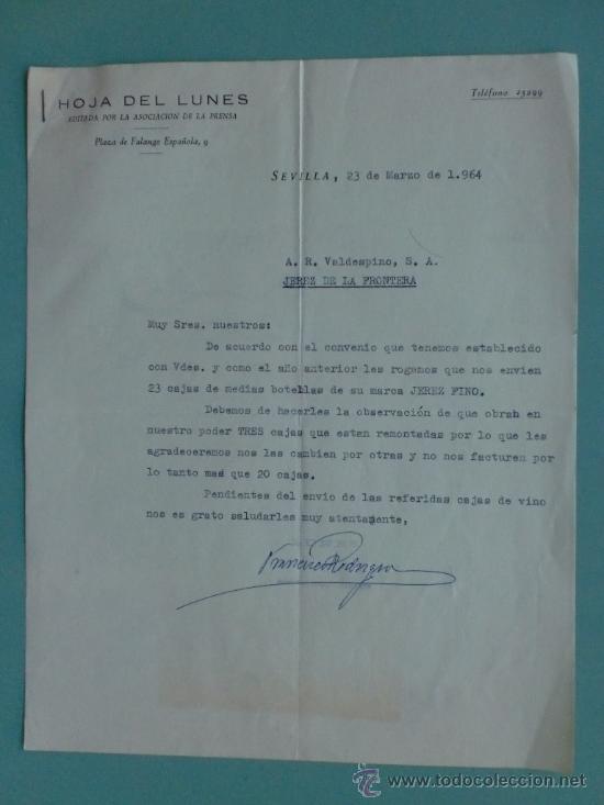 Gesch&auml;ftsbriefe: CARTA COMERCIAL. SEVILLA. 1964. HOJA DEL LUNES. A. R. VALDESPINO.