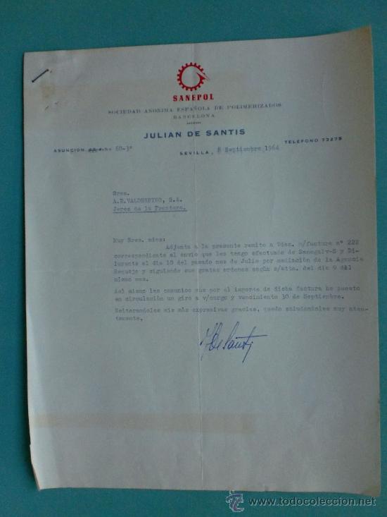 Lettres commerciales: CARTA COMERCIAL. SEVILLA. 1964. JUAN DE SANTIS. SANEPOL. A. R. VALDESPINO.
