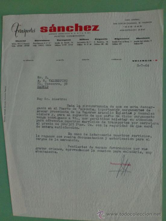 Lettres commerciales: CARTA COMERCIAL. VALENCIA. 1964. TRANSPORTES SANCHEZ. A. R. VALDESPINO.