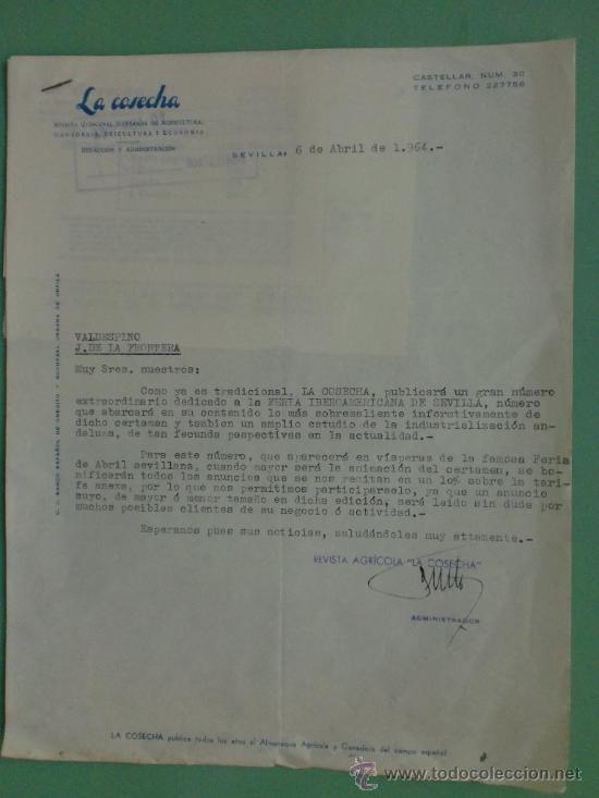 Lettres commerciales: CARTA COMERCIAL. SEVILLA. 1964. REVISTA AGRICOLA &rdquo;LA COSECHA&rdquo;. A. R. VALDESPINO.
