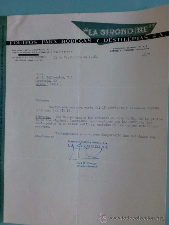 Lettres commerciales: CARTA COMERCIAL. RENTERIA. GUIPUZCOA. 1964. LA GIRONDINE. EQUIPOS PARA BODEGAS. A. R. VALDESPINO.