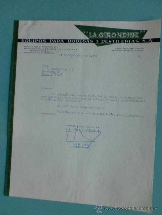 Lettres commerciales: CARTA COMERCIAL. RENTERIA. GUIPUZCOA. 1964. LA GIRONDINE. EQUIPOS PARA BODEGAS. A. R. VALDESPINO.