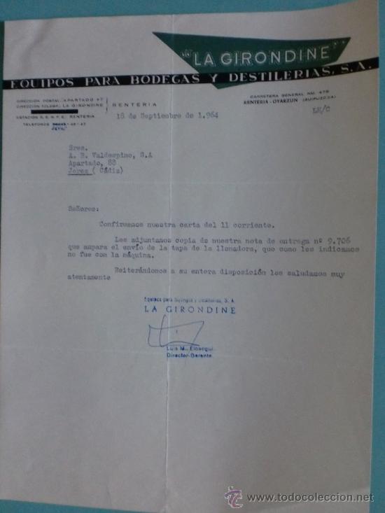 Lettres commerciales: CARTA COMERCIAL. RENTERIA. GUIPUZCOA. 1964. LA GIRONDINE. EQUIPOS PARA BODEGAS. A. R. VALDESPINO.
