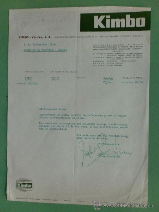 Lettres commerciales: CARTA COMERCIAL. CALAHORRA. 1964. KIMBO-VERDES S. A.  A. R. VALDESPINO.