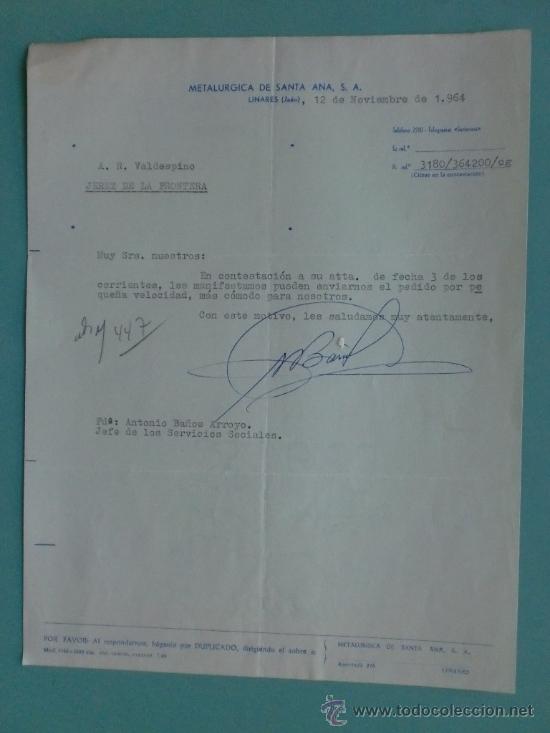 Lettres commerciales: CARTA COMERCIAL. LINARES. JAEN. 1964. METALURGICA DE SANTA ANA S. A., A. R. VALDESPINO.