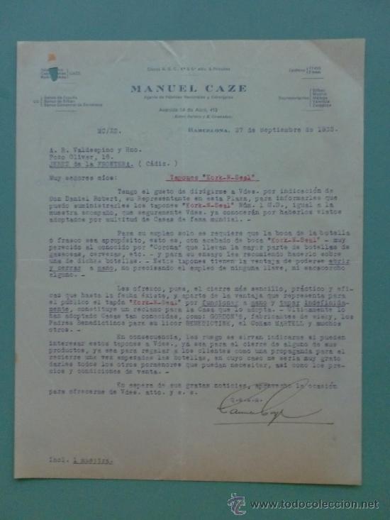 Lettres commerciales: CARTA COMERCIAL. BARCELONA. 1935. MANUEL CAZE. AGENTE DE FABRICAS. A. R. VALDESPINO Y HNO..