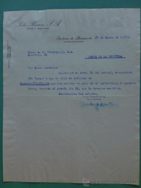 Lettres commerciales: CARTA COMERCIAL. SANLUCAR DE BARRAMEDA. CADIZ. 1964. PEDRO ROMERO S. A., VINOS. A. R. VALDESPINO.