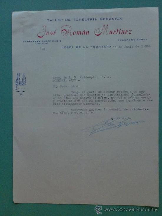 Lettres commerciales: CARTA COMERCIAL. JEREZ. 1964. JOSE ROMAN MARTINEZ. TALLER DE TONELERIA. A. R. VALDESPINO.