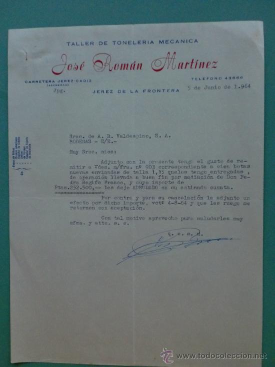 Lettres commerciales: CARTA COMERCIAL. JEREZ. 1964. JOSE ROMAN MARTINEZ. TALLER DE TONELERIA. A. R. VALDESPINO.