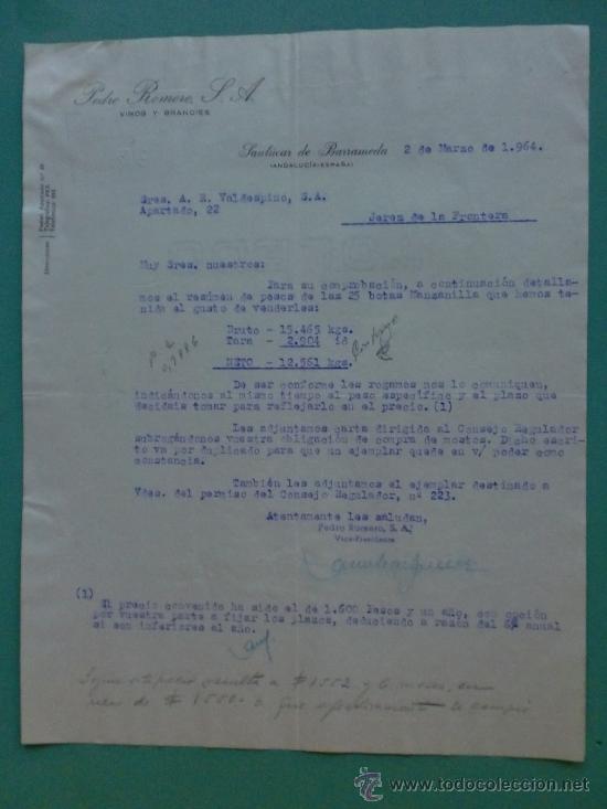 Lettres commerciales: CARTA COMERCIAL. SANLUCAR DE BARRAMEDA. 1964. PEDRO ROMERO. VINOS Y BRANDIES. A. R. VALDESPINO.