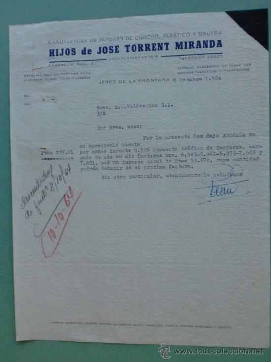 Lettres commerciales: CARTA COMERCIAL. JEREZ. 1964. HIJOS DE JOSE TORRENT MIRANDA. A. R. VALDESPINO.
