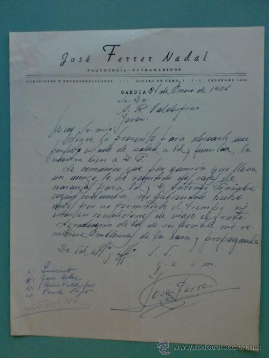 Lettres commerciales: CARTA COMERCIAL. GANDIA. 1964. JOSE FERRER NADAL. ULTRAMARINOS. A. R. VALDESPINO.