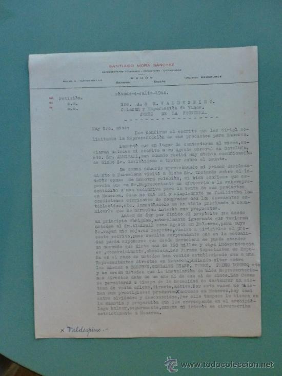 Lettres commerciales: CARTA COMERCIAL. MAHON. BALEARES. 1964. SANTIAGO MORA SANCHEZ. REPRESENTANTE. A. R. VALDESPINO.