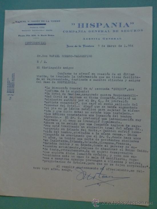 Lettres commerciales: CARTA COMERCIAL. JEREZ. 1964. HISPANIA. COMPA&Ntilde;IA GENERAL DE SEGUROS. RAFAEL ROMERO VALDESPINO.