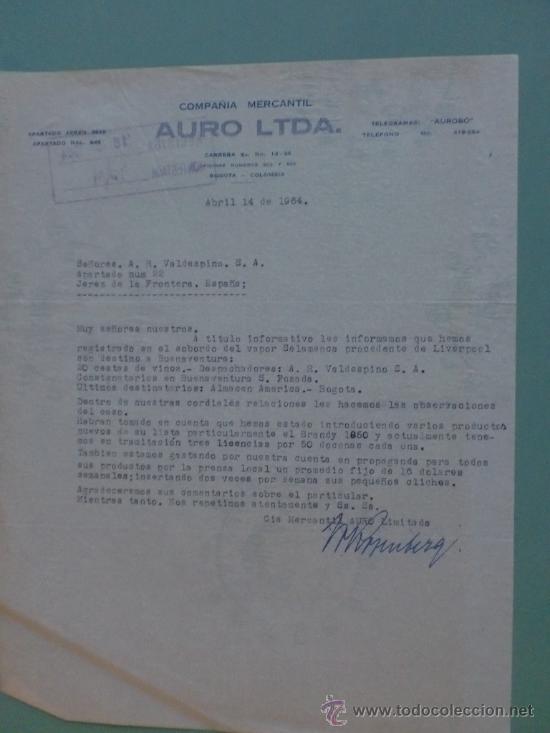 Lettres commerciales: CARTA COMERCIAL. BOGOTA-COLOMBIA. 1964. COMPA&Ntilde;IA MERCANTIL AURO LTDA. SRES. A. R. VALDESPINO, S. A.