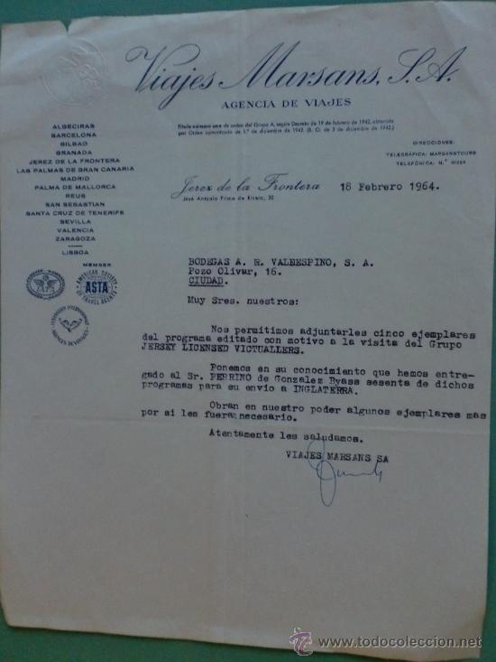 Lettres commerciales: CARTA COMERCIAL. JEREZ. 1964. VIAJES MARSANS S. A. AGENCIA DE VIAJES. SRES. A. R. VALDESPINO, S. A.