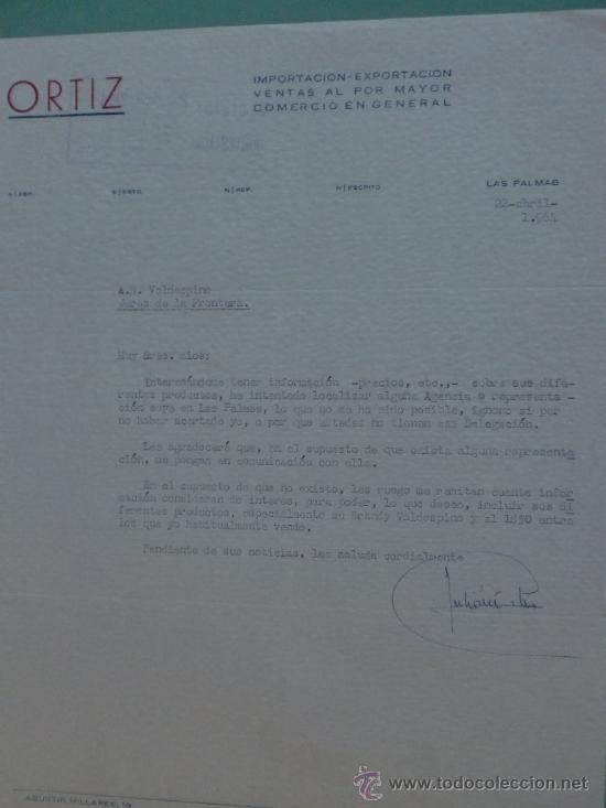 Lettres commerciales: CARTA COMERCIAL. LAS PALMAS. 1964. ORTIZ. IMPORTACION-EXPORTACION. SRES. A. R. VALDESPINO, S. A.