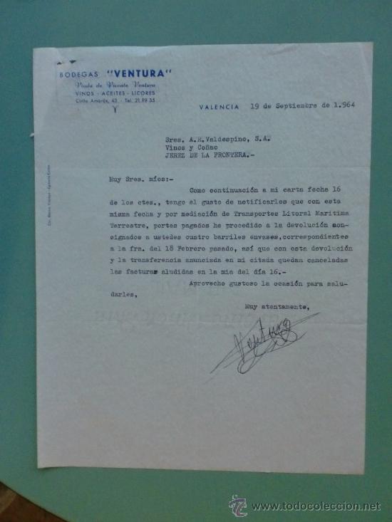 Lettres commerciales: CARTA COMERCIAL. VALENCIA. 1964. BODEGAS VENTURA. SRES. A. R. VALDESPINO, S. A.