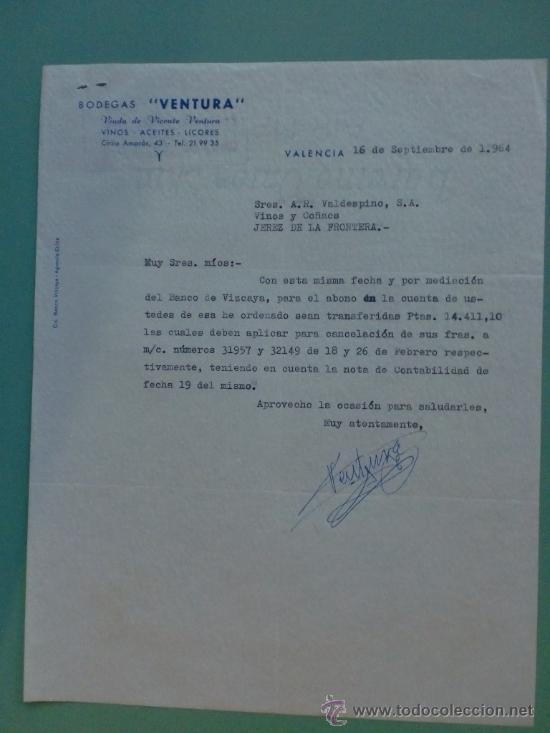 Lettres commerciales: CARTA COMERCIAL. VALENCIA. 1964. BODEGAS VENTURA. SRES. A. R. VALDESPINO, S. A.