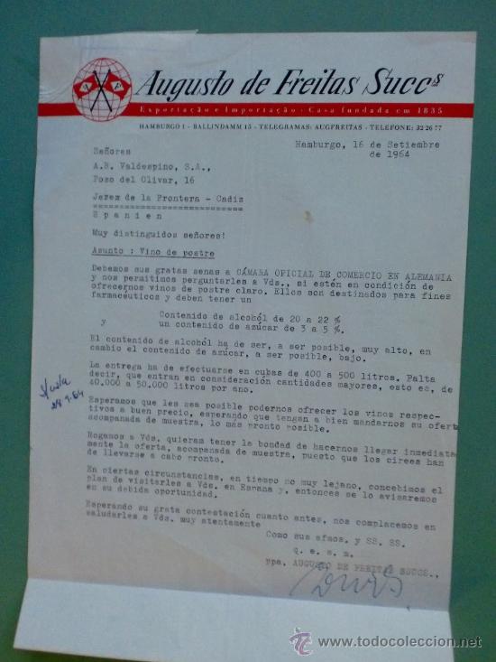 Cartas comerciales: CARTA COMERCIAL. HAMBURGO. 1964. AUGUSTO DE FREITAS SUCCS. EXPORTACIONES. A. R. VALDESPINO, S. A.