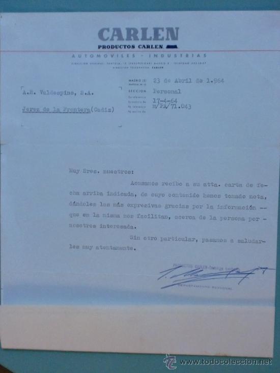 Cartas comerciales: CARTA COMERCIAL. MADRID. 1964. CARLEN. AUTOMOVILES-INDUSTRIAS. A. R. VALDESPINO, S. A.