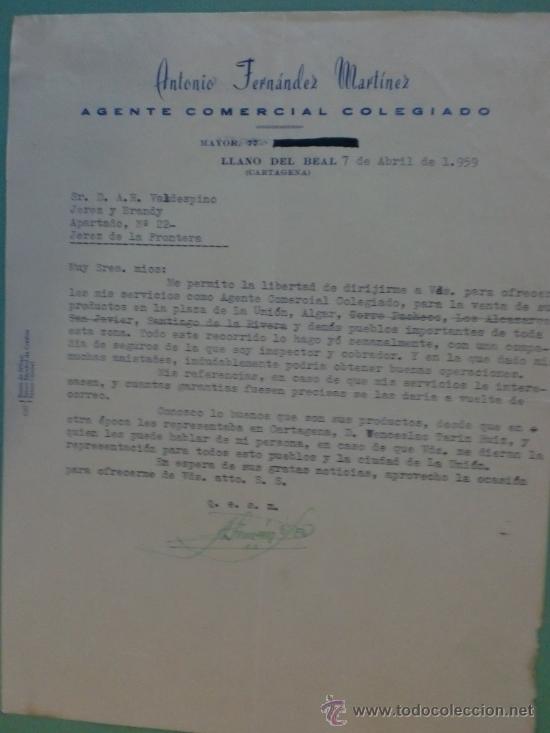 Cartas comerciales: CARTA COMERCIAL. LLANO DEL REAL. CARTAGENA. 1959. ANTONIO FERNANDEZ MARTINEZ.  A. R. VALDESPINO.