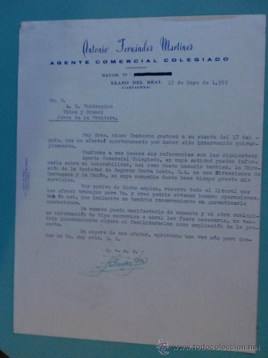 Cartas comerciales: CARTA COMERCIAL. LLANO DEL REAL. CARTAGENA. 1959. ANTONIO FERNANDEZ MARTINEZ.  A. R. VALDESPINO.