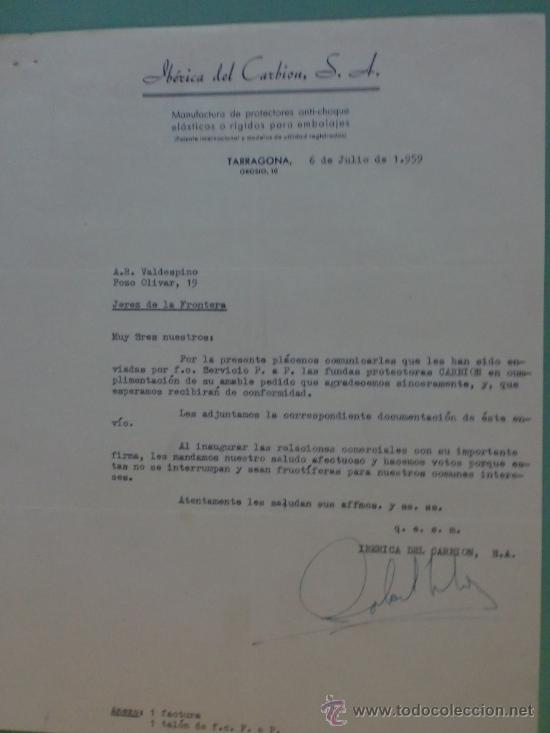 Cartas comerciales: CARTA COMERCIAL. TARRAGONA. 1959. IBERICA DEL CARBON S. A.,  A. R. VALDESPINO.