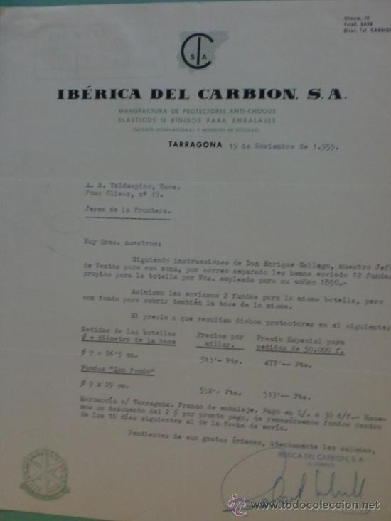 Cartas comerciales: CARTA COMERCIAL. TARRAGONA. 1959. IBERICA DEL CARBON S. A.,  A. R. VALDESPINO HNOS.