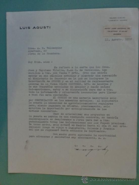 Cartas comerciales: CARTA COMERCIAL. MADRID. 1952. LUIS AGUSTI. TALLER DE CABLES. SRES. A. R. VALDESPINO.