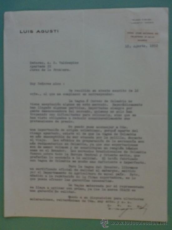 Cartas comerciales: CARTA COMERCIAL. MADRID. 1952. LUIS AGUSTI. TALLER DE CABLES. SRES. A. R. VALDESPINO.
