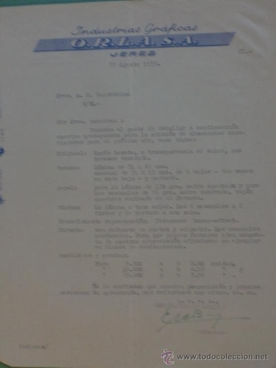 Cartas comerciales: CARTA COMERCIAL. JEREZ. 1955. INDUSTRIAS GRAFICAS O.R.L.A., S. A., SRES. A. R. VALDESPINO.