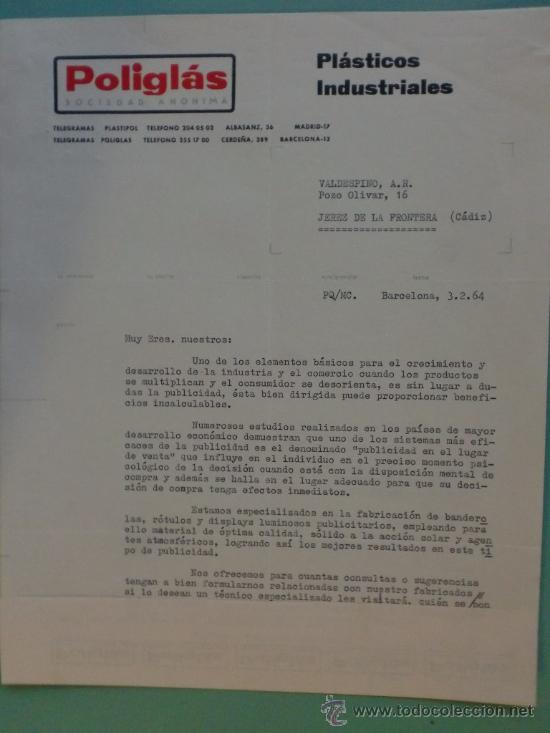 Cartas comerciales: CARTA COMERCIAL. BARCELONA. 1964. POLIGRAS. PLASTICOS INDUSTRIALES.  SRES. A. R. VALDESPINO.