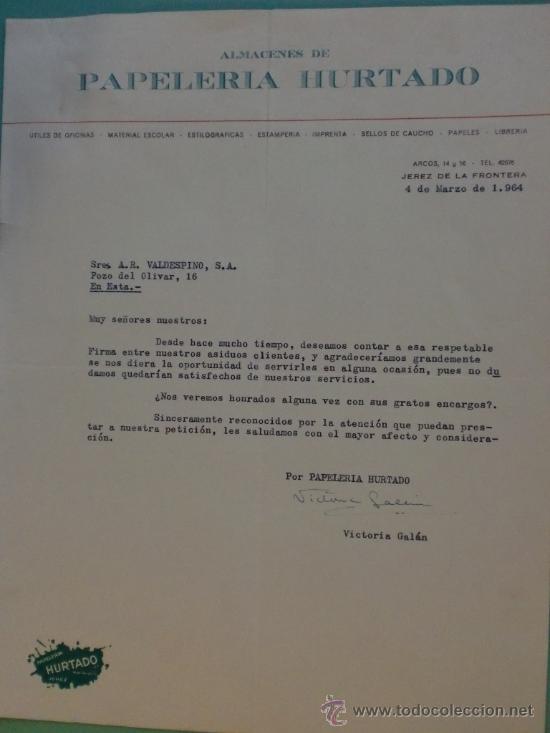 Cartas comerciales: CARTA COMERCIAL. JEREZ. 1964. PAPELERIA HURTADO. SRES. A. .R. VALDESPINO.