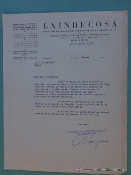 Cartas comerciales: CARTA COMERCIAL. MADRID.1959. EXINDECOSA. INTERCONTINENTALES DE COMERCIO S.A. SR. A. R. VALDESPINO.