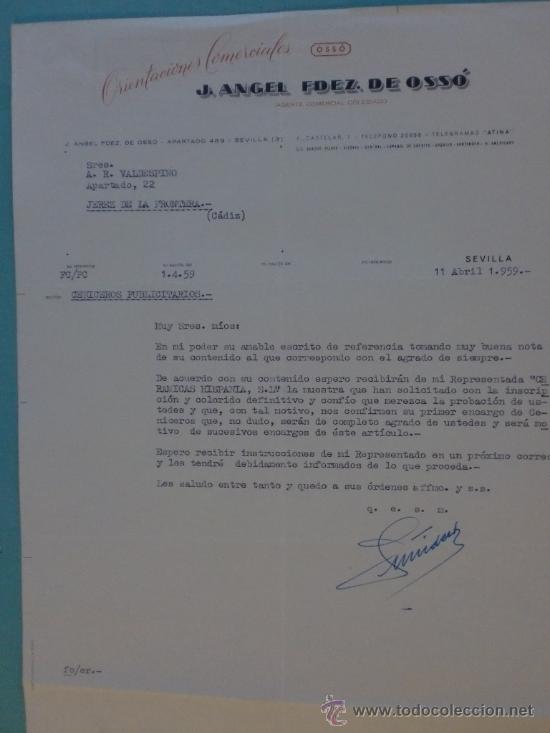 Cartas comerciales: CARTA COMERCIAL. SEVILLA.1959. J. ANGEL FDEZ. DE OSSO. AGENTE COMERCIAL COLEGIADO. A. R. VALDESPINO.