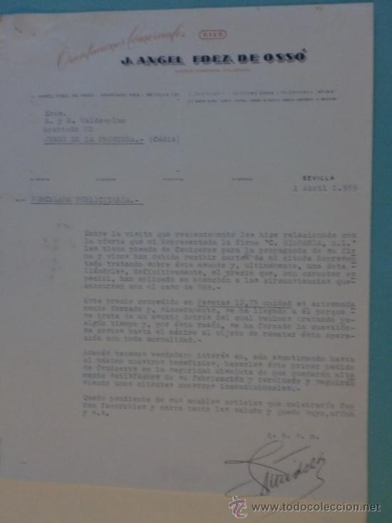 Cartas comerciales: CARTA COMERCIAL. SEVILLA.1959. J. ANGEL FDEZ. DE OSSO. AGENTE COMERCIAL COLEGIADO. A. R. VALDESPINO.