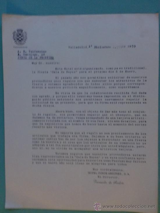 Cartas comerciales: CARTA COMERCIAL. VALLADOLID. 1959. HOTEL CONDE ANSUREZ. SR. A. R. VALDESPINO.