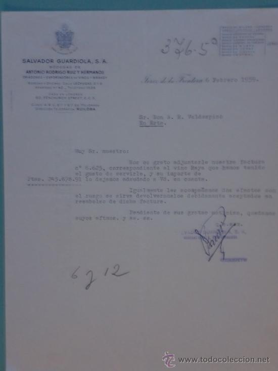 Cartas comerciales: CARTA COMERCIAL. JEREZ. 1959. SALVADOR GUARDIOLA S. A. BODEGAS. SR. A. R. VALDESPINO.