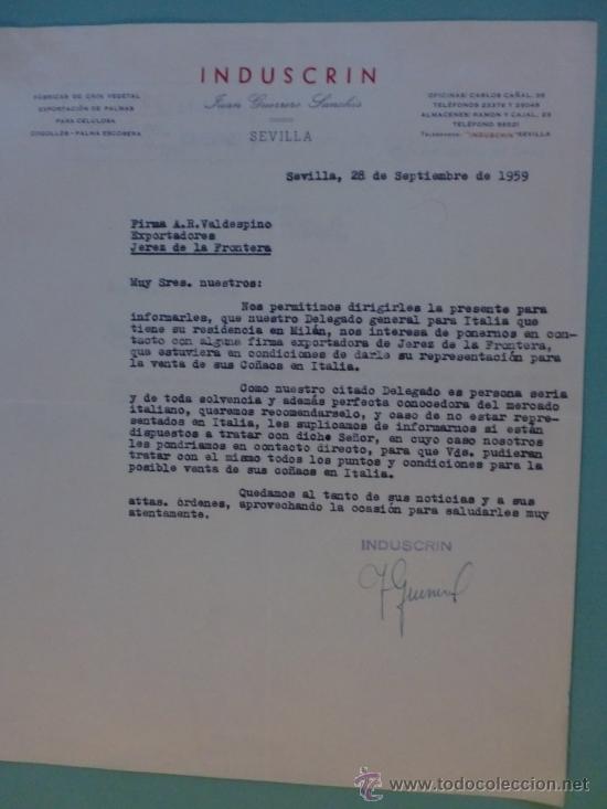 Commercial Letters: CARTA COMERCIAL. SEVILLA.1959. JUAN GUERRERO SANCHIS. INDUSCRIN. SR. A. R. VALDESPINO.