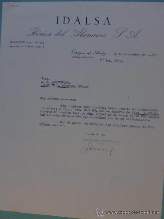 Commercial Letters: CARTA COMERCIAL. TORREJON DE ARDOZ. 1959. IDALSA. IBERICA DEL ALUMINIO S.A. SRES. A. .R. VALDESPINO.