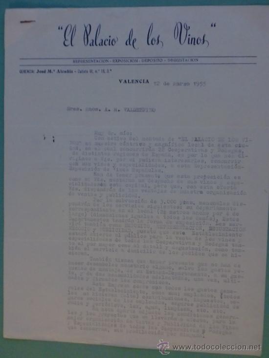 Commercial Letters: CARTA COMERCIAL. VALENCIA. 1955. EL PALACIO DE LOS VINOS. SRES. HNOS. A. R. VALDESPINO.