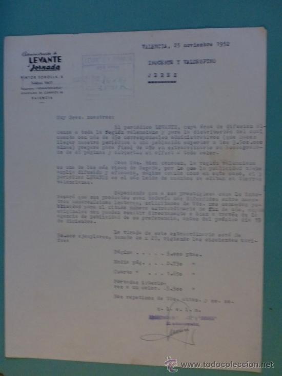 Commercial Letters: CARTA COMERCIAL. VALENCIA. 1952. ADMINISTRACION DE LEVANTE Y JORNADA. INOCENTE Y VALDESPINO.